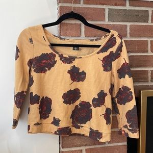 BDG Ribbed Floral Crop Top 3/4 Sleeves